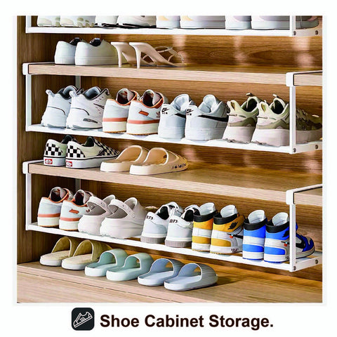 HGZBS Expandable Shoe Rack organized solution above shelves for clear access.