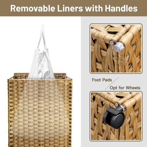 Hiagnete 70L slim hamper uses breathable synthetic rattan for dry, mildew-free use.