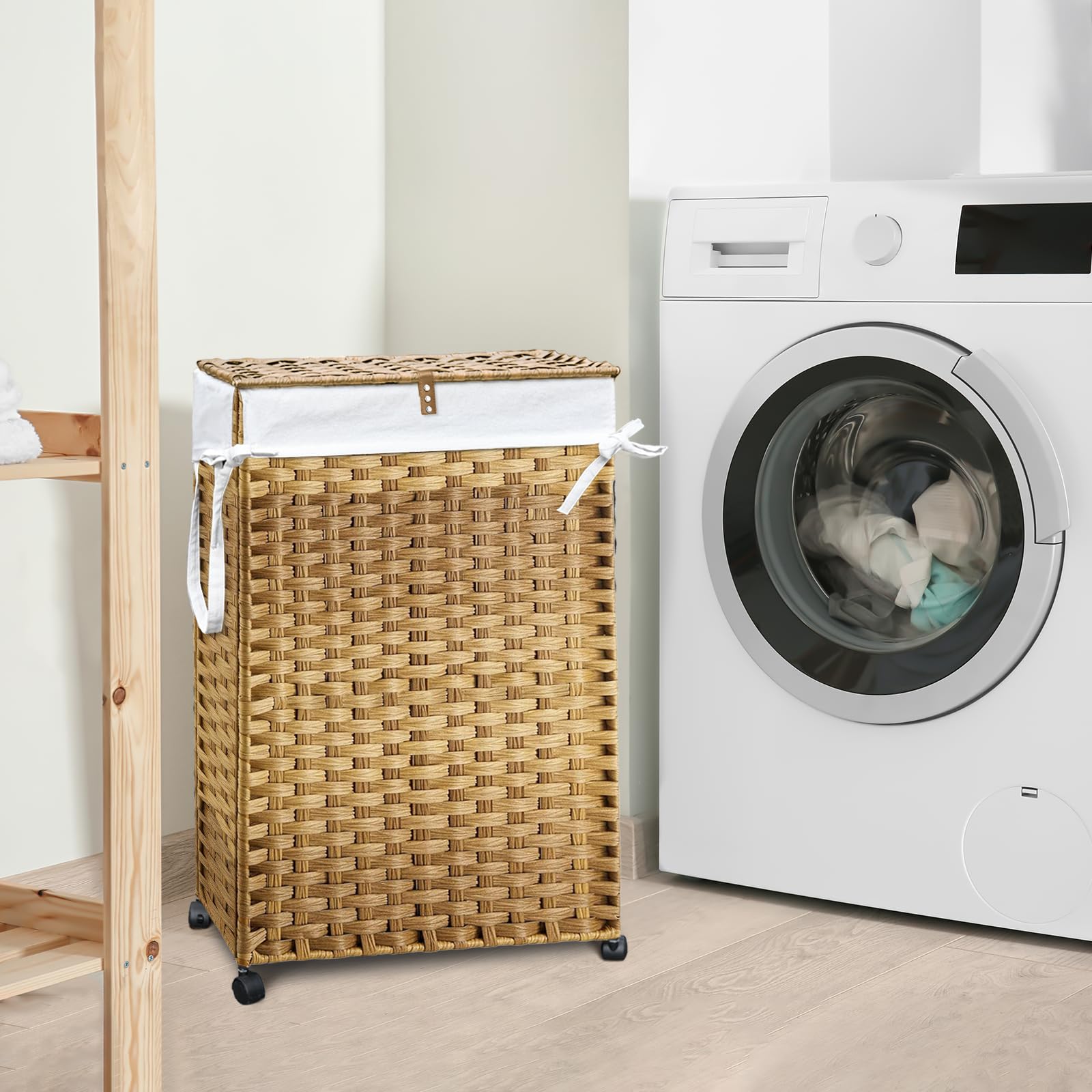 Hiagnete 70L slim hamper shows sturdy steel frame for stable tall storage.