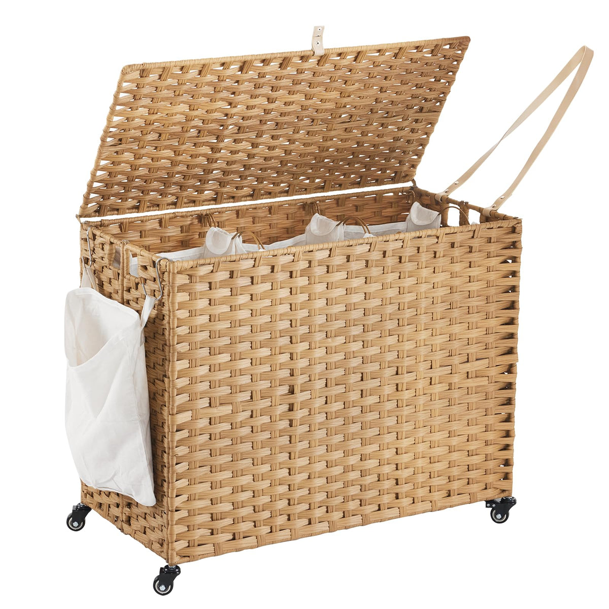 Hiagnete laundry hamper with wheels and lid for easy transport.