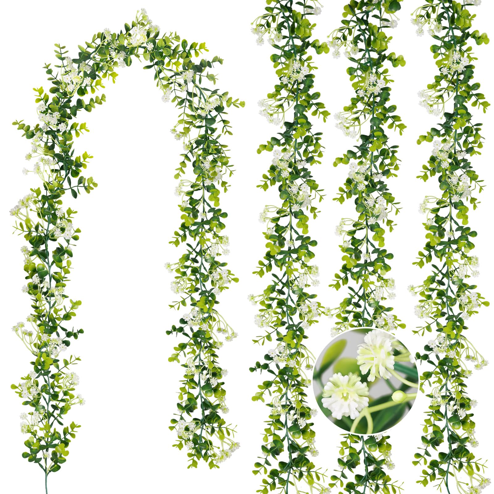 HIAGROW 6ft eucalyptus garland with flowers for indoor and outdoor decor, perfect for tables and backdrops.