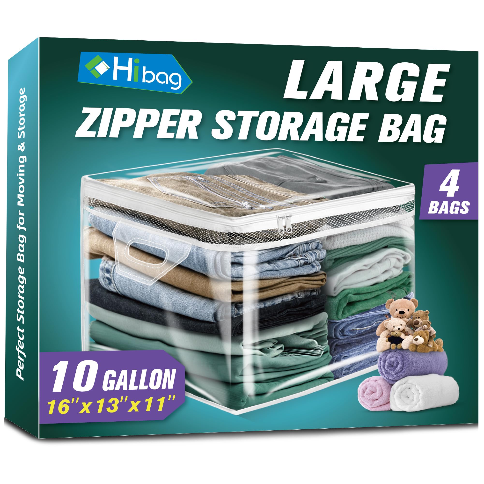 HIBAG 10 Gallon storage bag for clothes shown in closet, maximizing space.