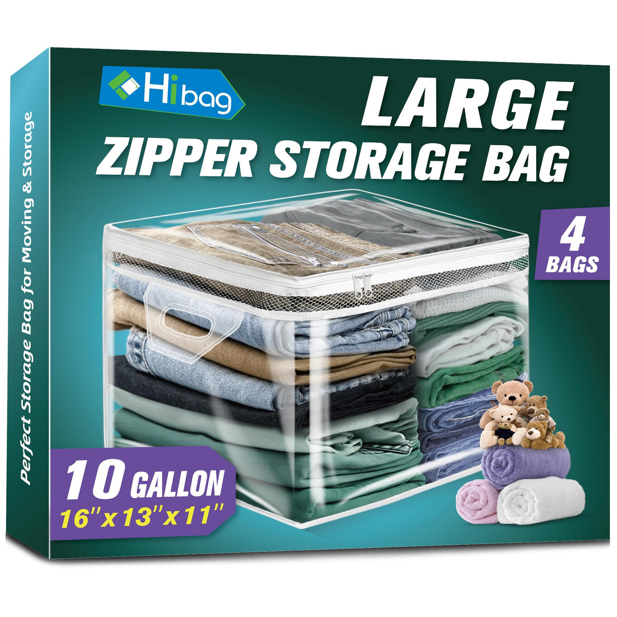 HIBAG 10 Gallon storage bag for clothes shown in closet, maximizing space.