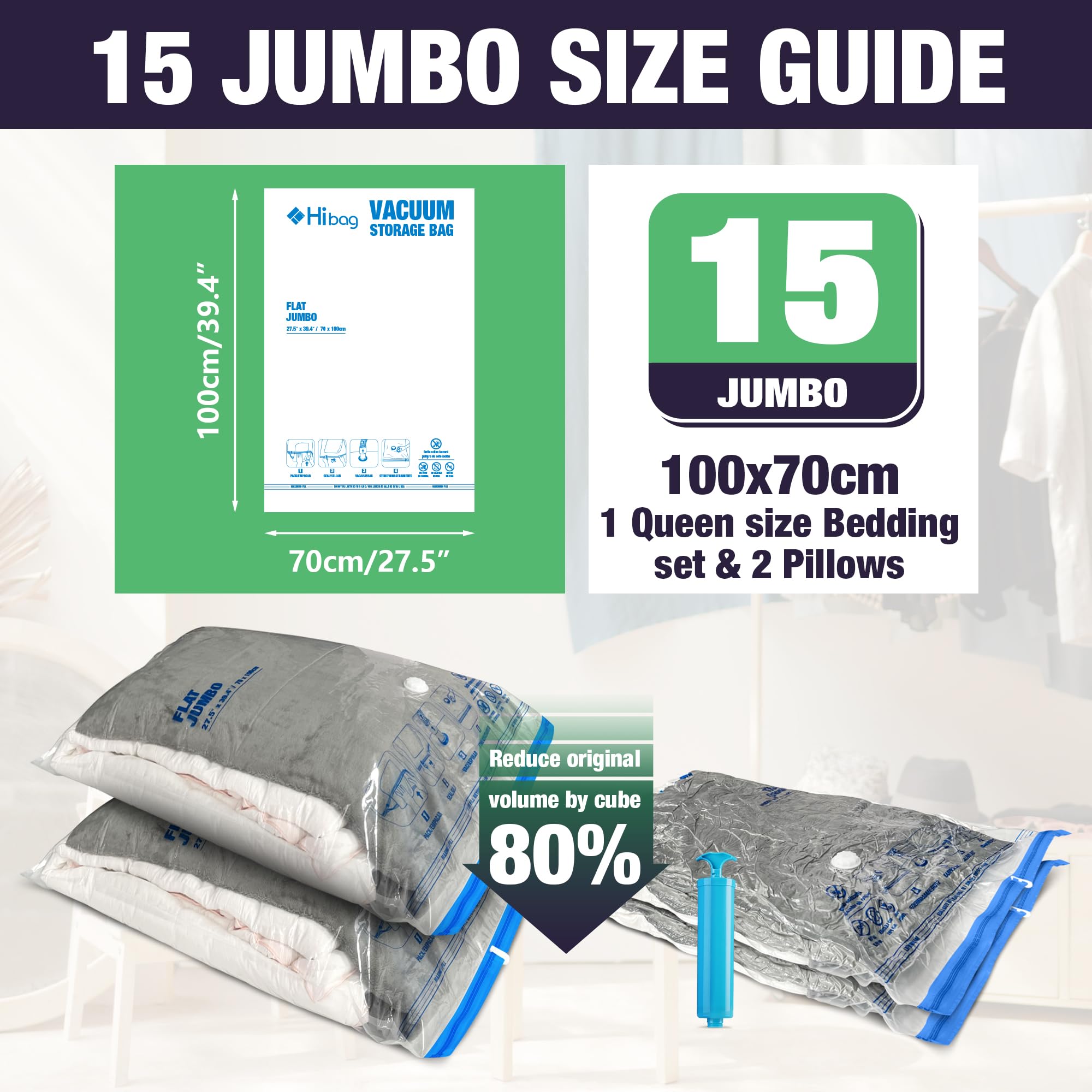 HIBAG 15 Jumbo Vacuum Bags for bed sheets simplify closet organization