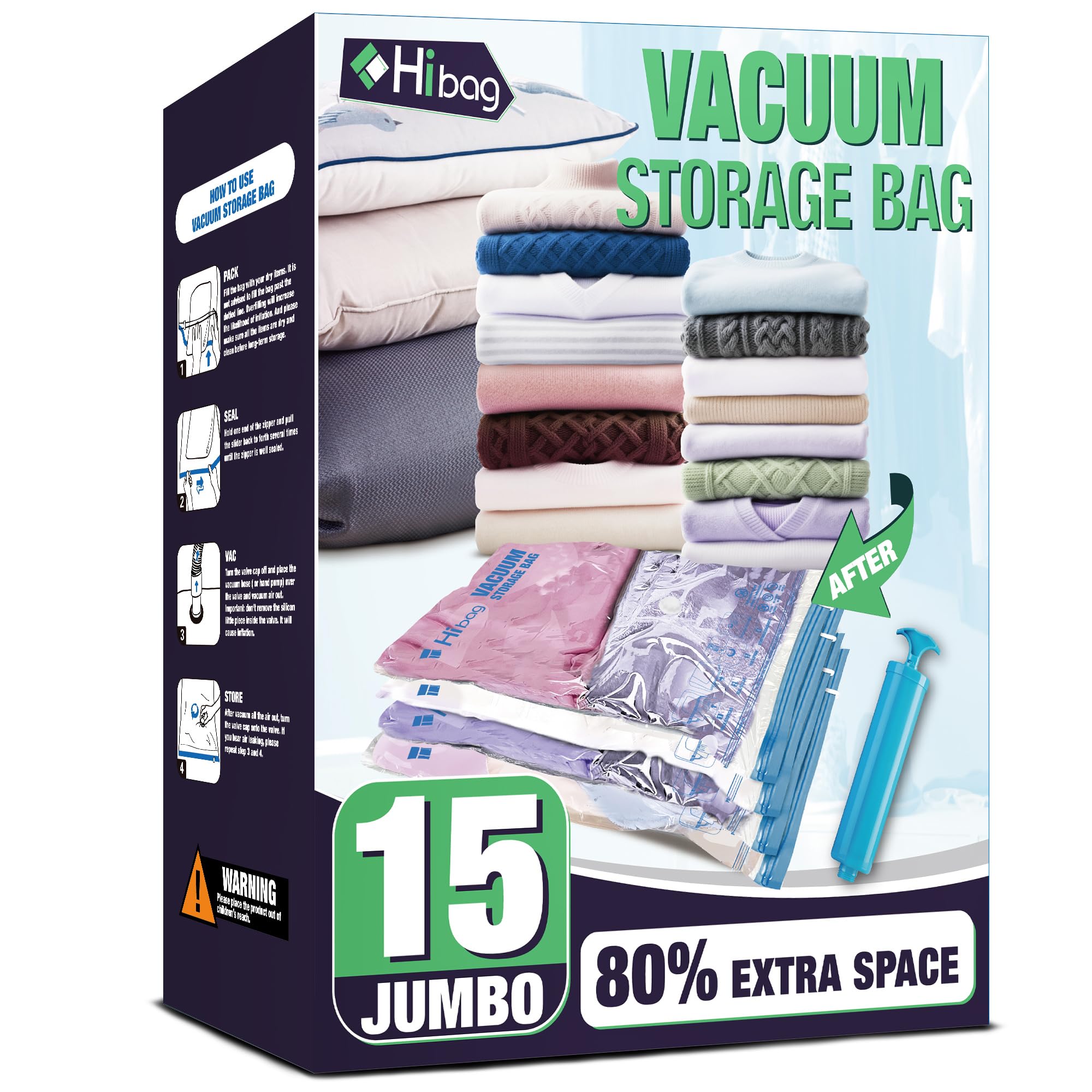 HIBAG 15 Jumbo Vacuum Bags for clothing for compact, dust-free storage