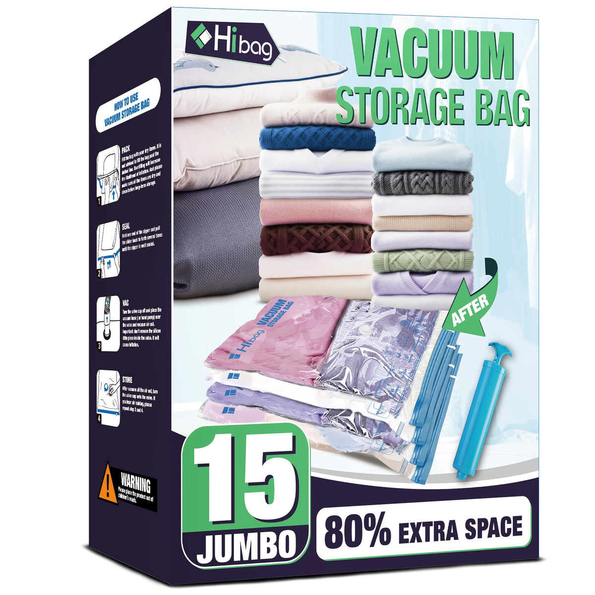 HIBAG 15 Jumbo Vacuum Bags for clothing for compact, dust-free storage