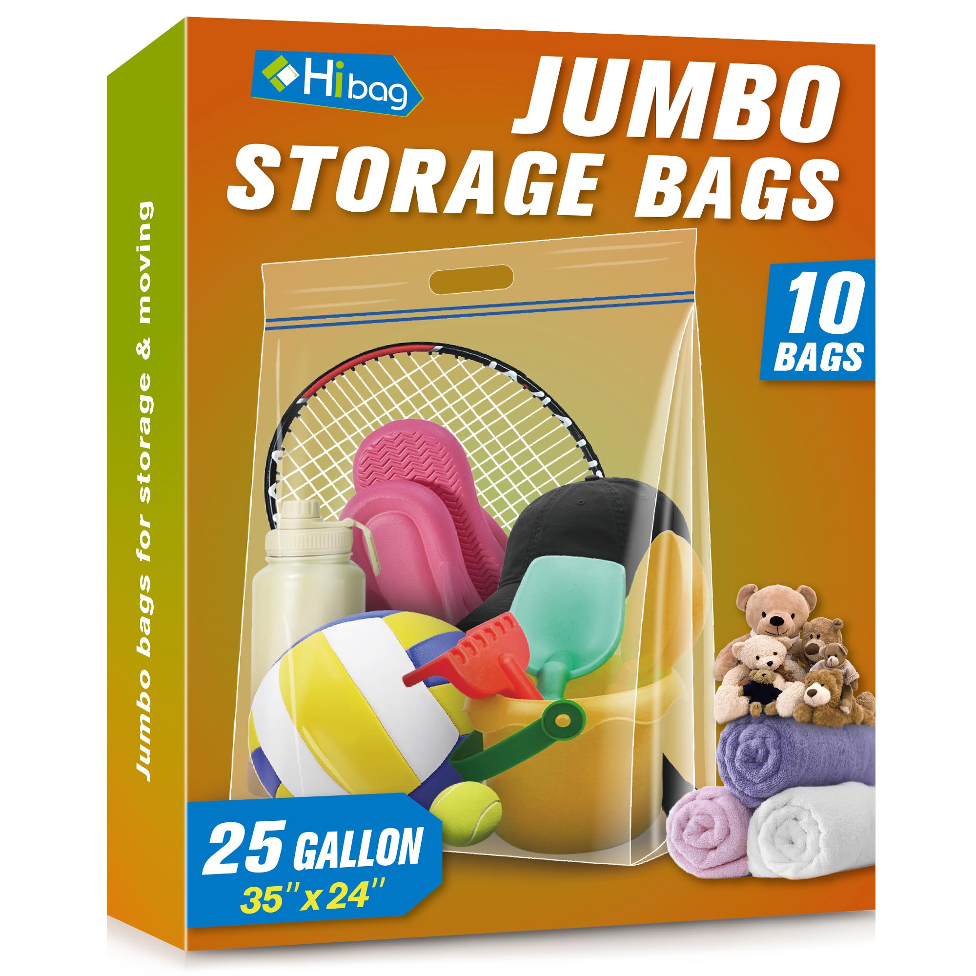 HIBAG 25-gallon jumbo storage bag with clear view for quick content identification.