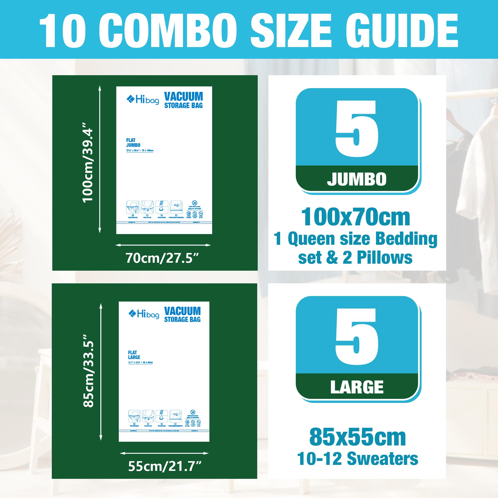 HIBAG jumbo vacuum storage bags in use with a coat to reduce bulk.