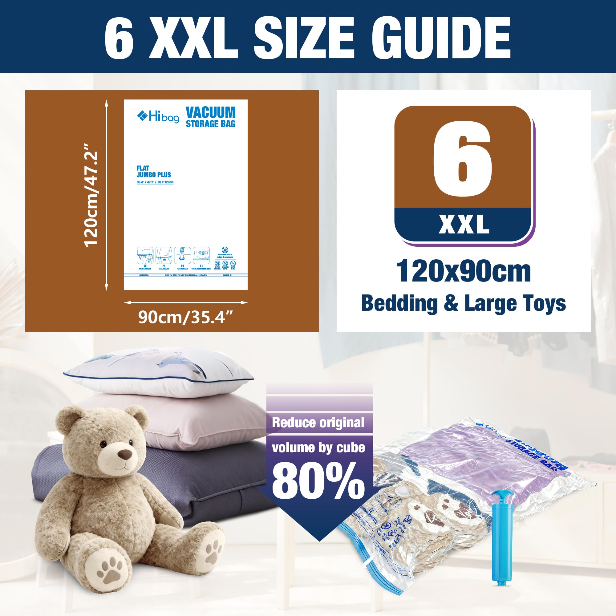 HIBAG pack of 6 vacuum storage bags to declutter spaces and optimize storage.