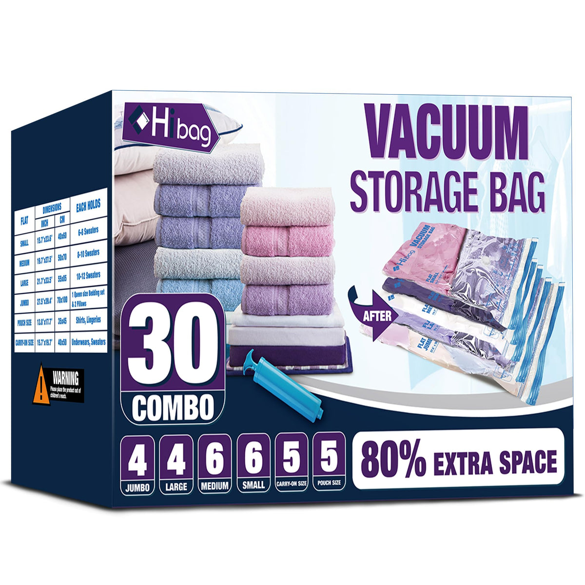 HIBAG 30-pack vacuum bags kit for space-saving storage