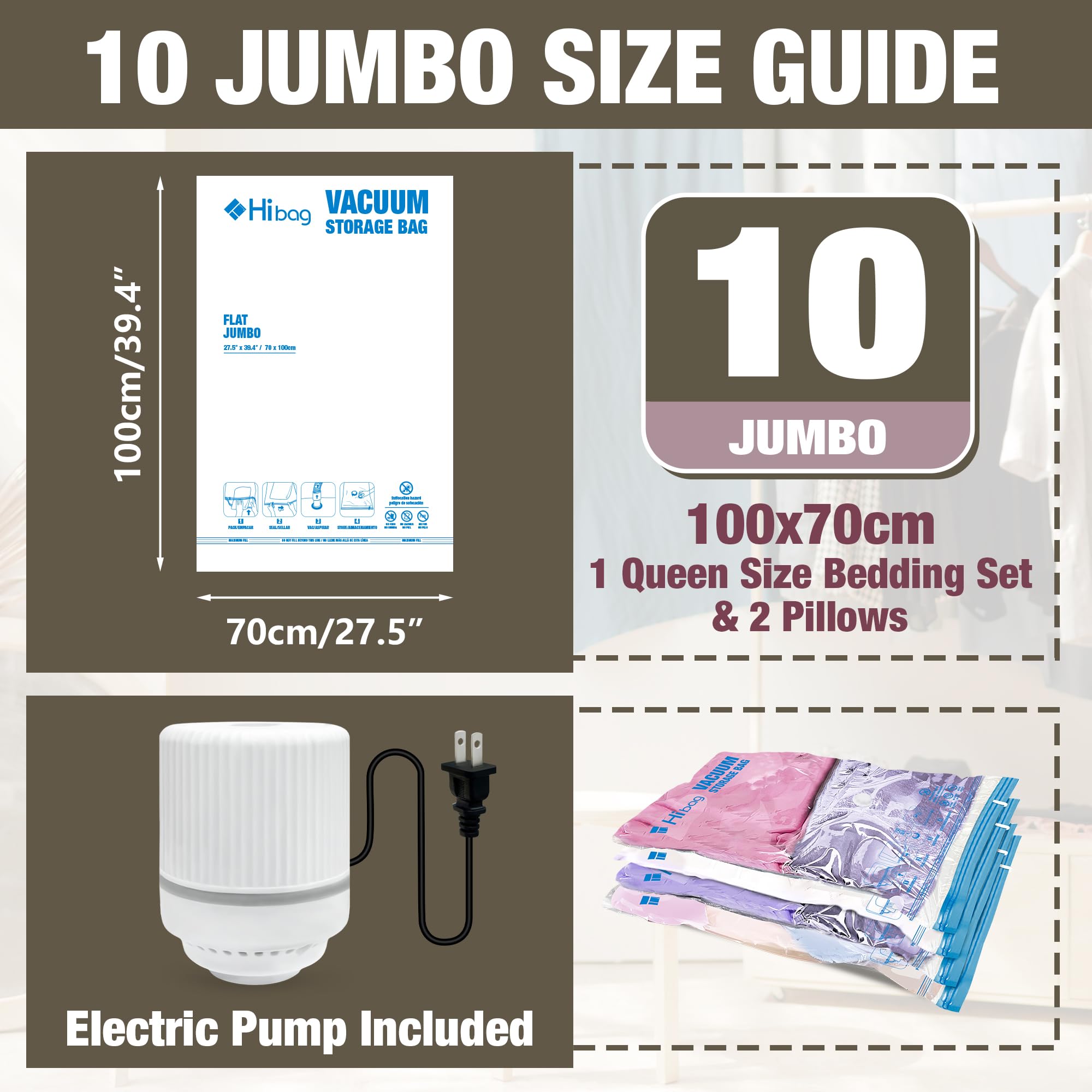 HIBAG vacuum bags compress clothes to maximize wardrobe storage.