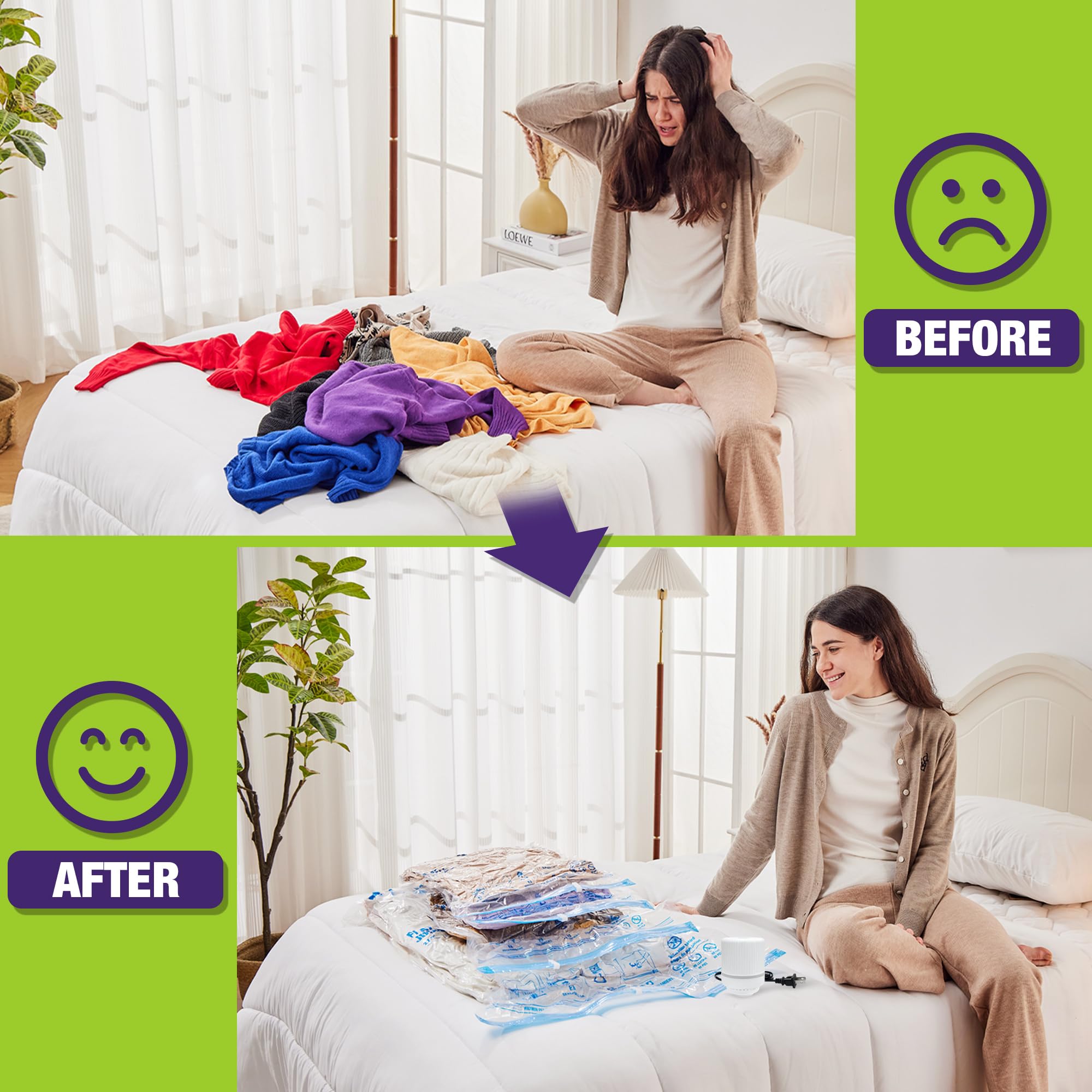 HIBAG bags compress bedding and pillows, making closet organization easier.