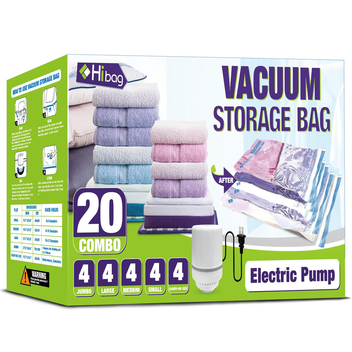 HIBAG vacuum bags with electric pump in use, showing rapid air removal for space saving.