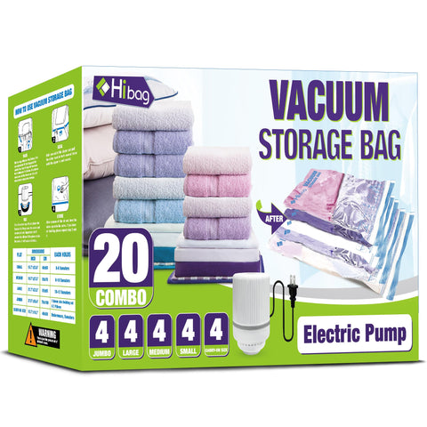 HIBAG vacuum bags with electric pump in use, showing rapid air removal for space saving.