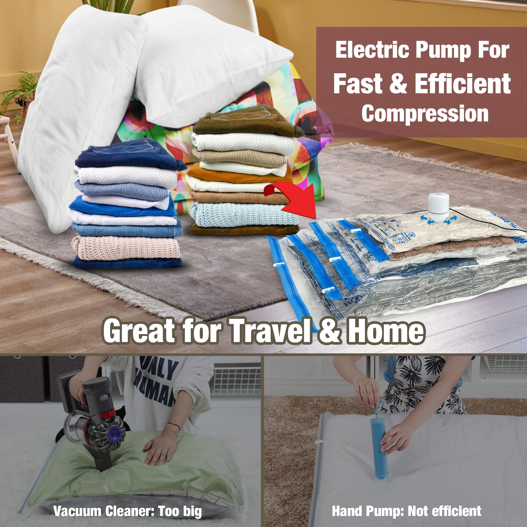 HIBAG quick pump action helps compress bulky items in minutes.