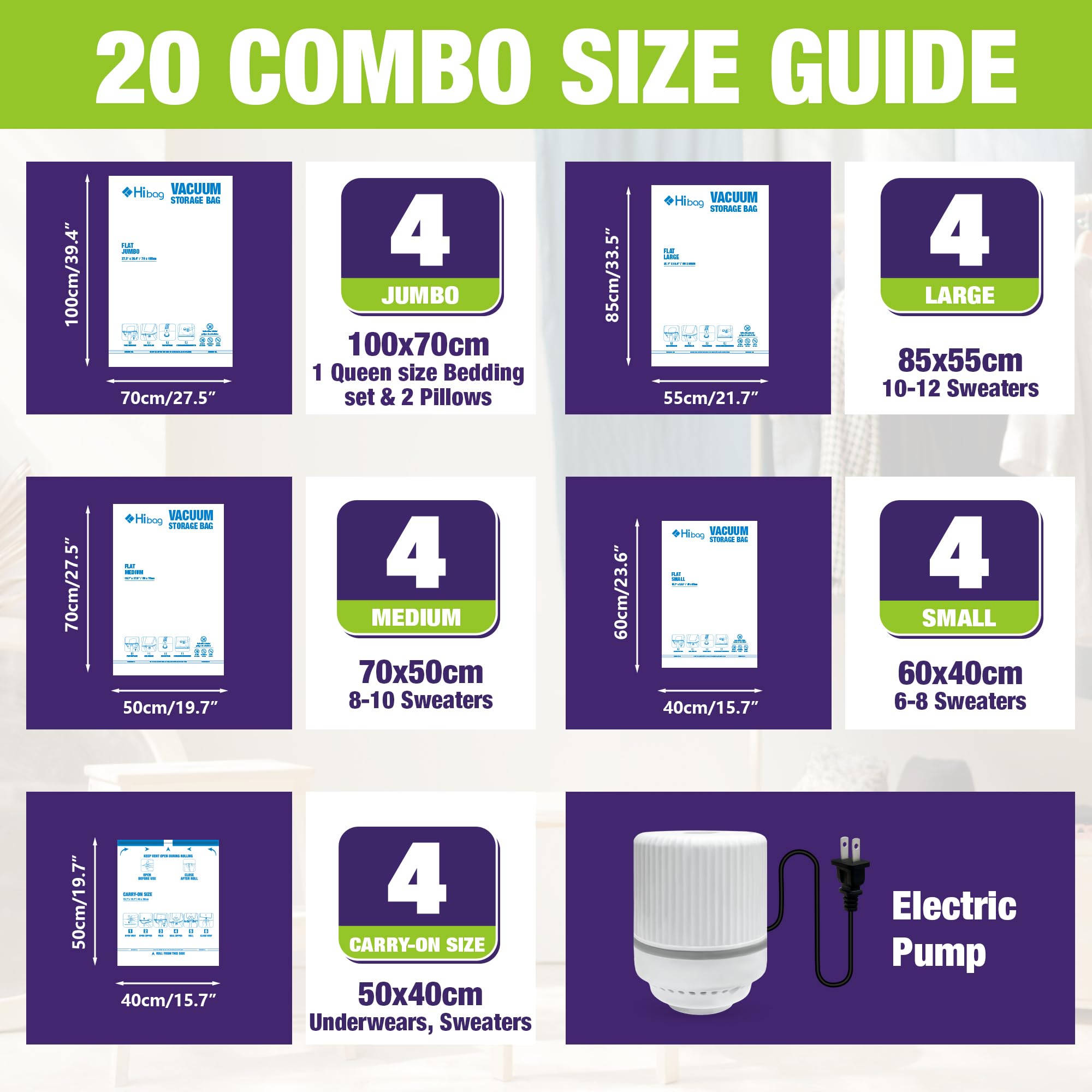 HIBAG four size collection organized for wardrobe packing and travel efficiency.