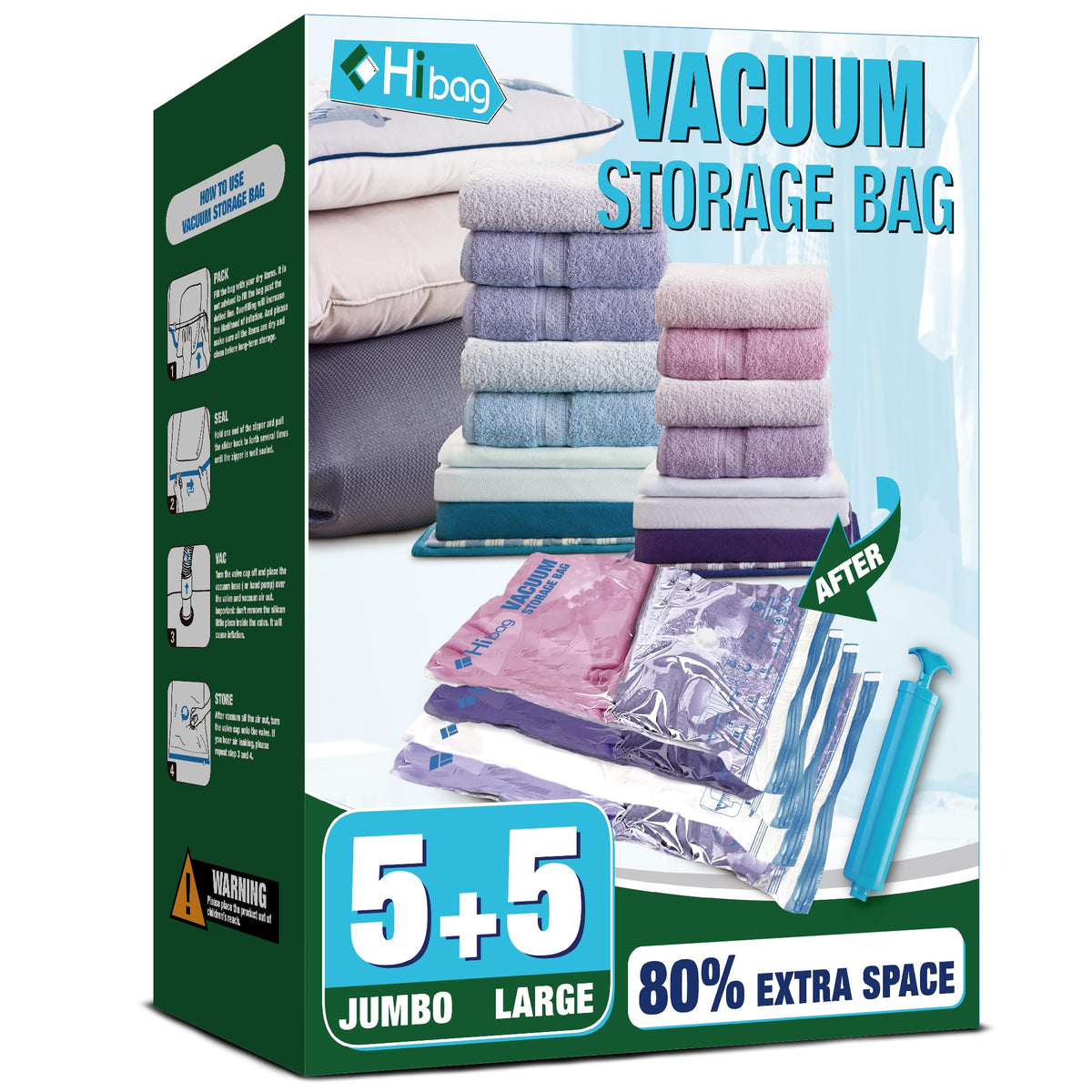 HIBAG vacuum storage bags front packaging demonstrates an easy space-saving solution for closets.