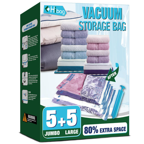 HIBAG vacuum storage bags front packaging demonstrates an easy space-saving solution for closets.