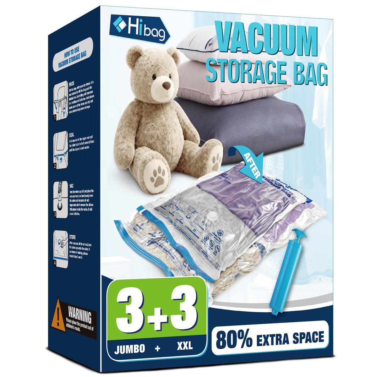 HIBAG vacuum storage bags XXL 47x35 inches in use for bulky bedding to save closet space