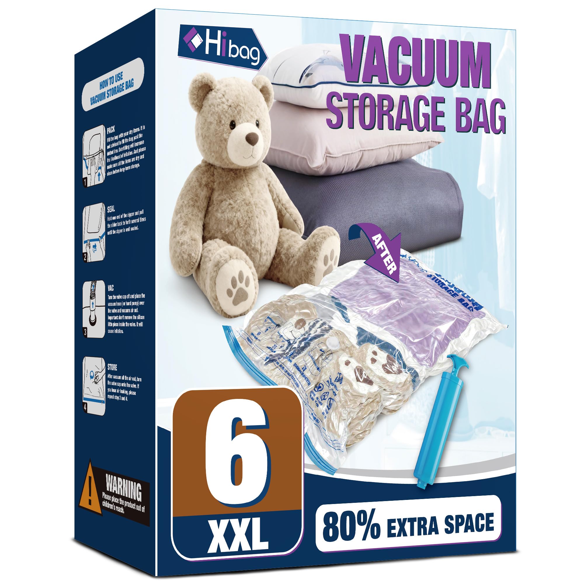 HIBAG XXL jumbo 47x35 bag for bedding with vacuum seal for space-saving storage.