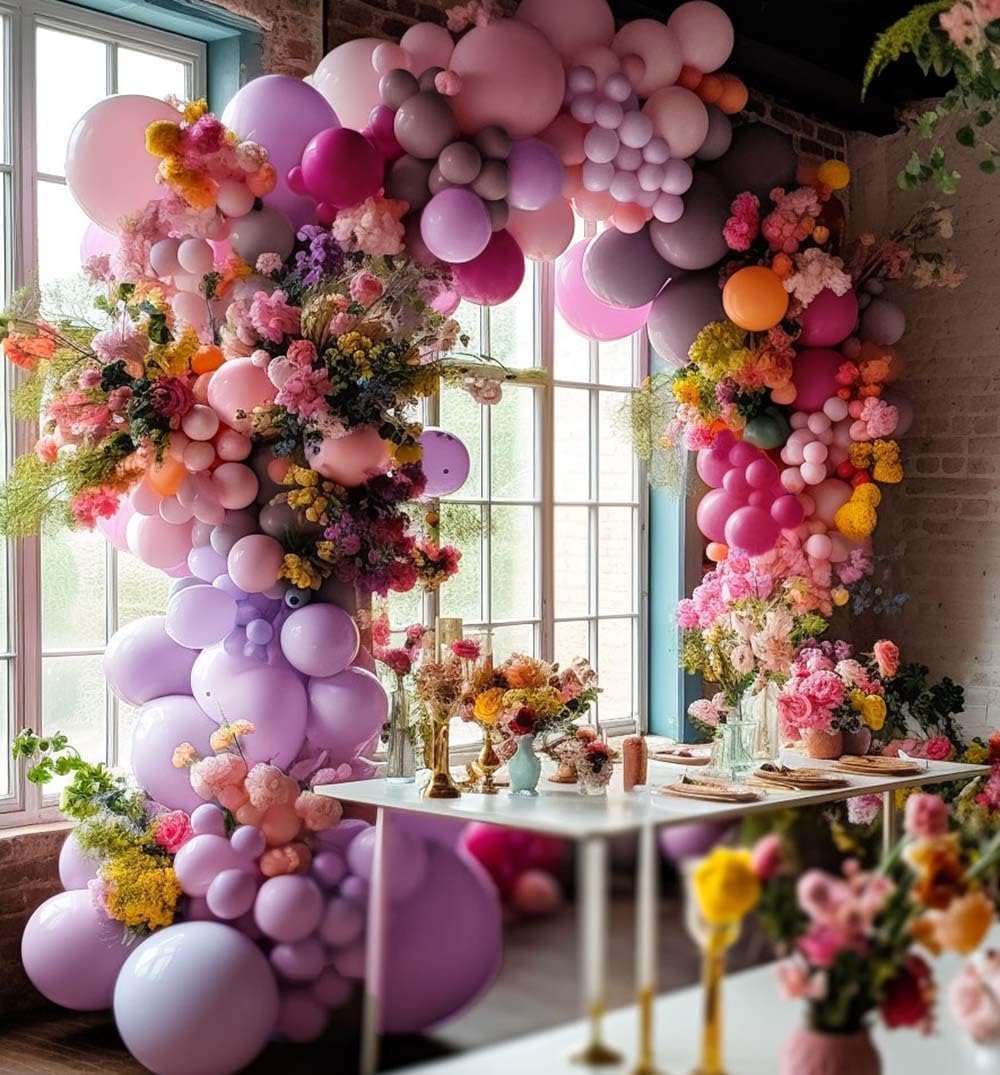HIBAOpati purple pink balloon garland forms a striking party backdrop.