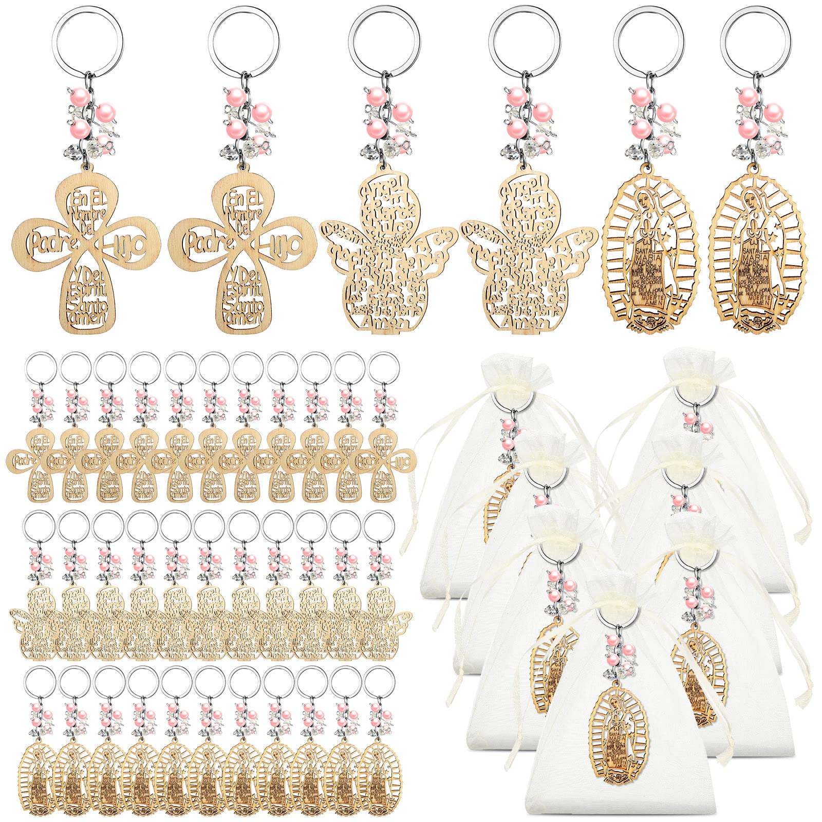 Hicarer baptism key ring with pink pearls, a carved wooden cross keepsake