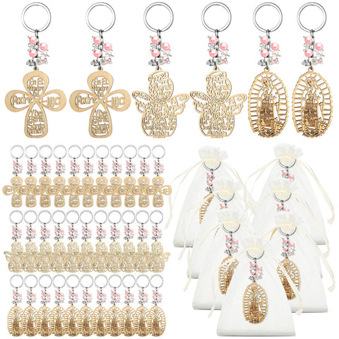 Hicarer baptism key ring with pink pearls, a carved wooden cross keepsake