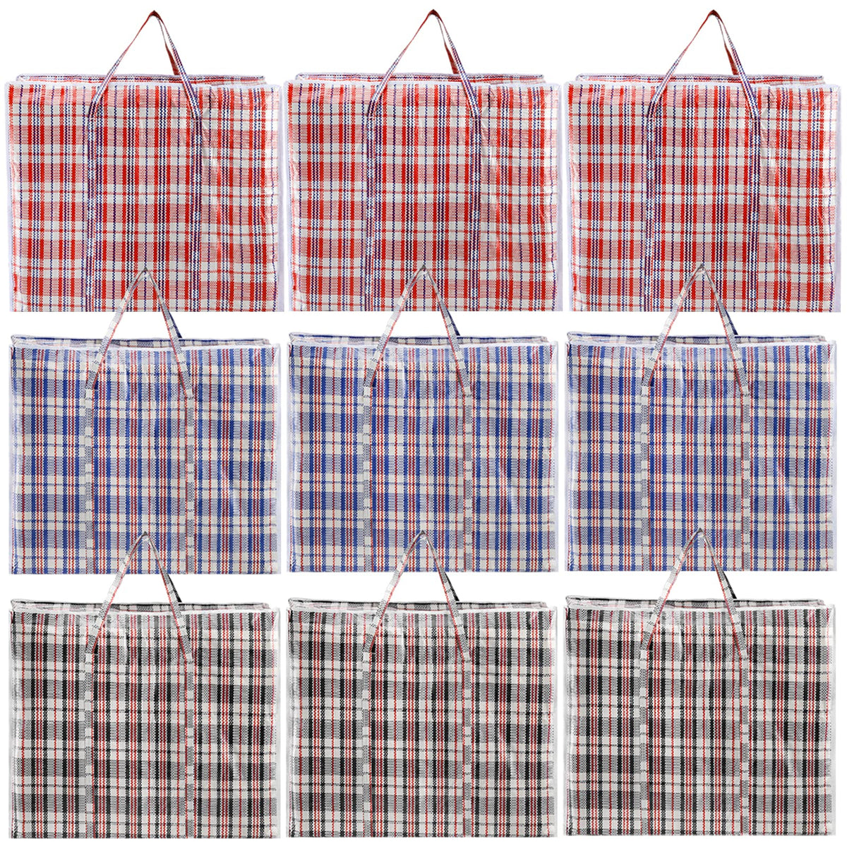 Hiceeden 9-pack 108L checkered bags front view for easy moving and access.