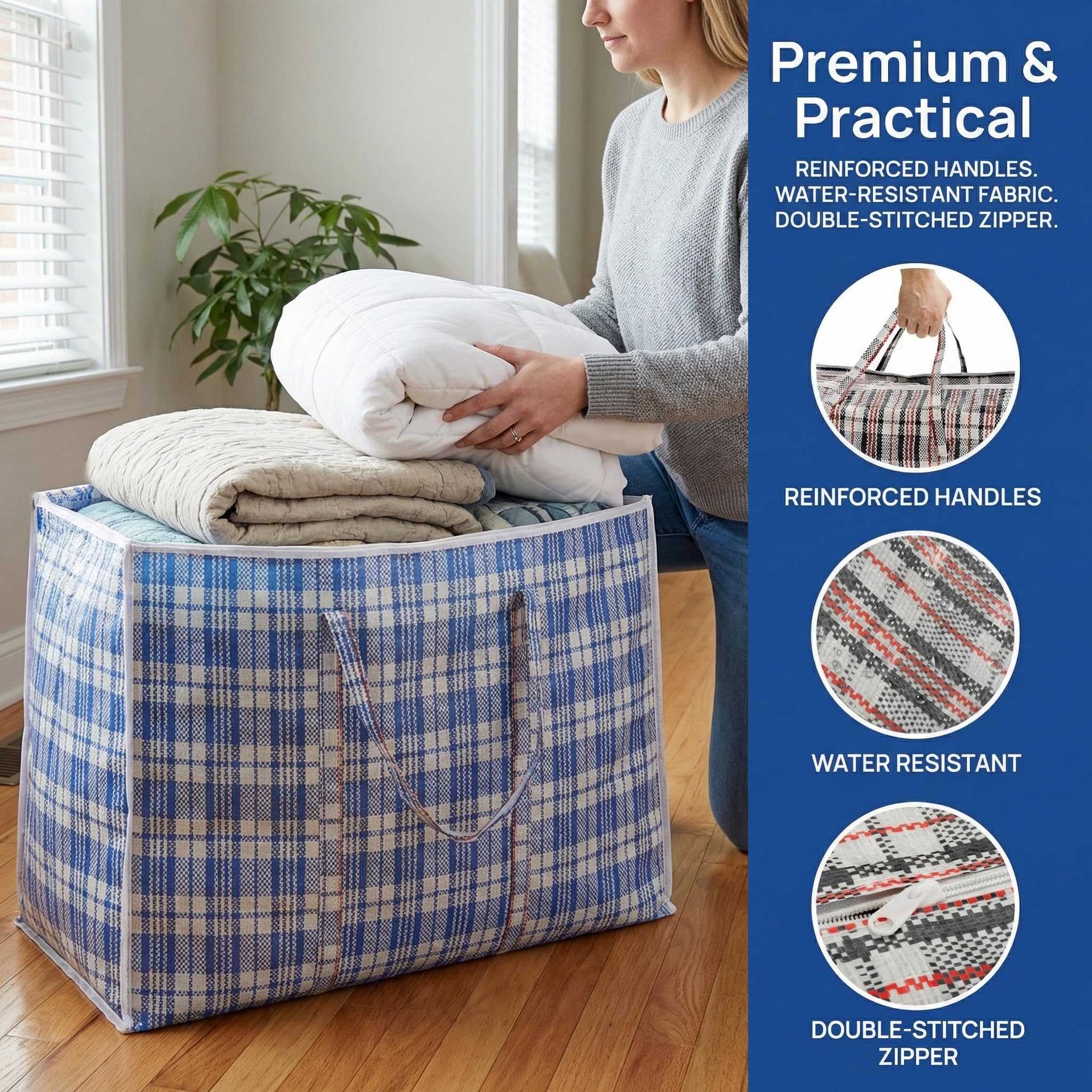 Hiceeden 9-pack 108L checkered bags with reinforced handles for comfortable carrying.