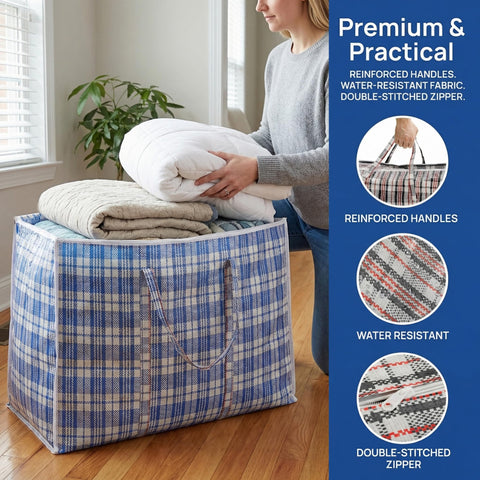 Hiceeden 9-pack 108L checkered bags with reinforced handles for comfortable carrying.
