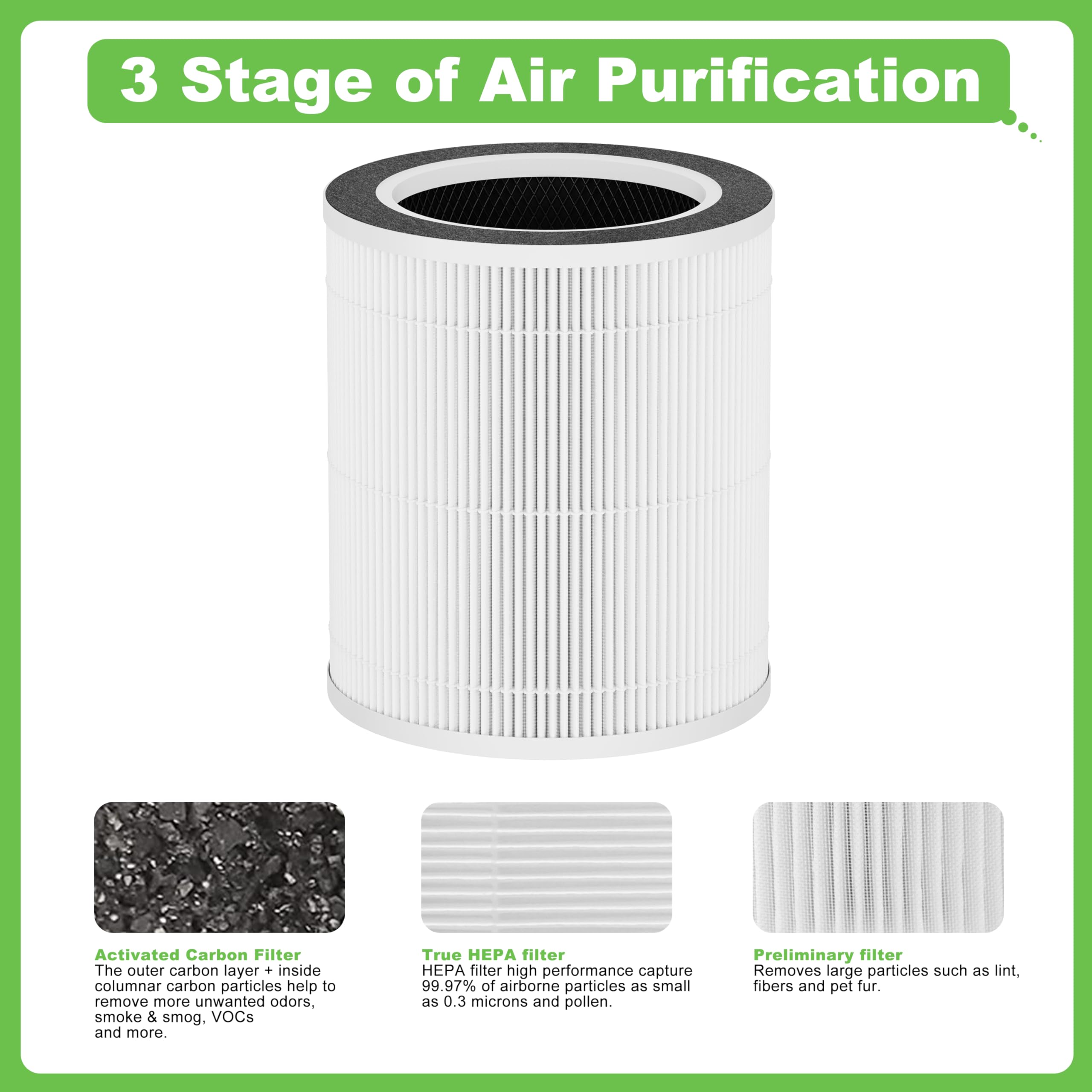Hichoryer H13 True HEPA filter captures particles down to 0.3 microns.