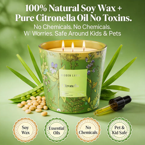 Hidden Label 30oz soy candle offers long burn for garden evenings.