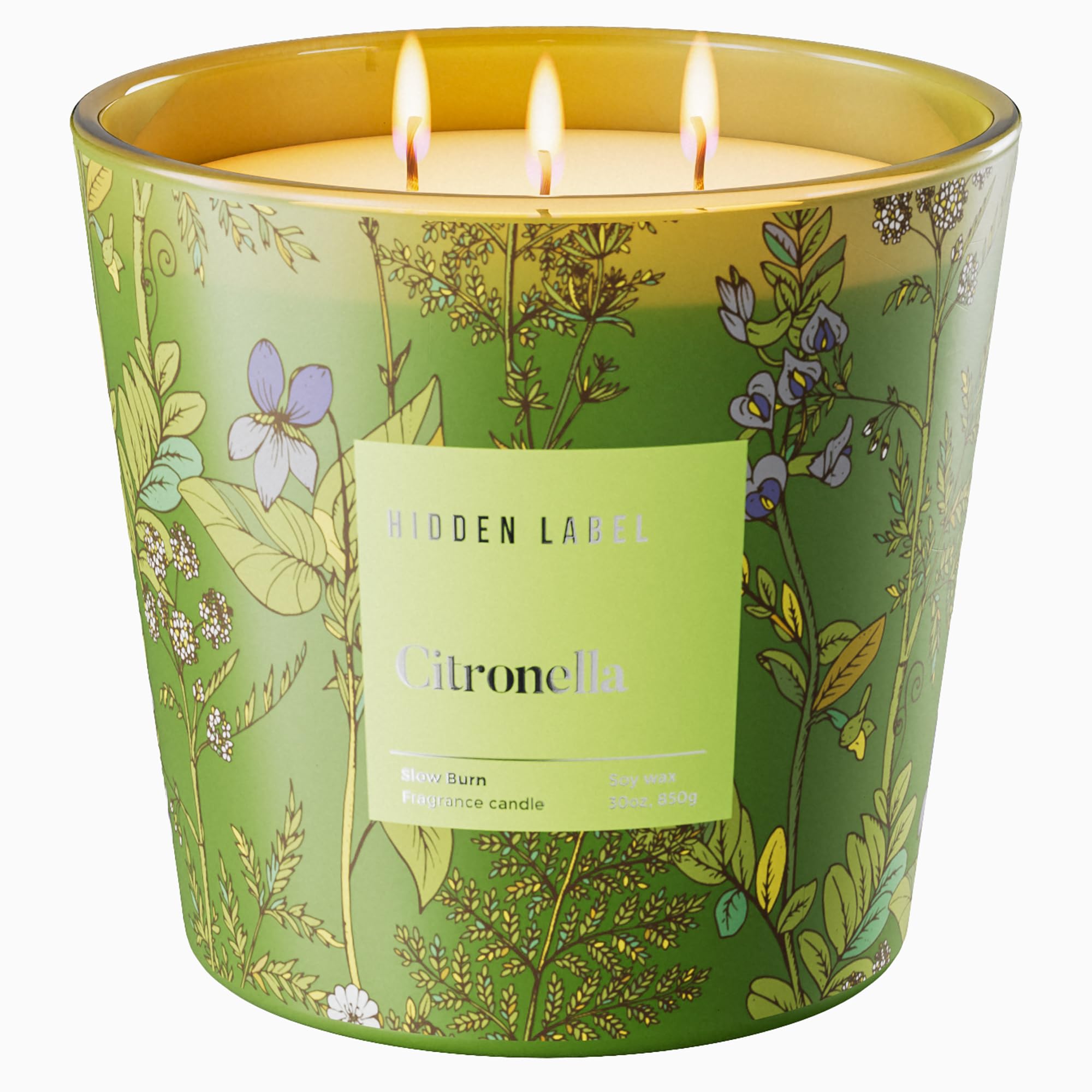 Hidden Label Citronella Candle 3-Wick outdoors provides wide patio coverage.