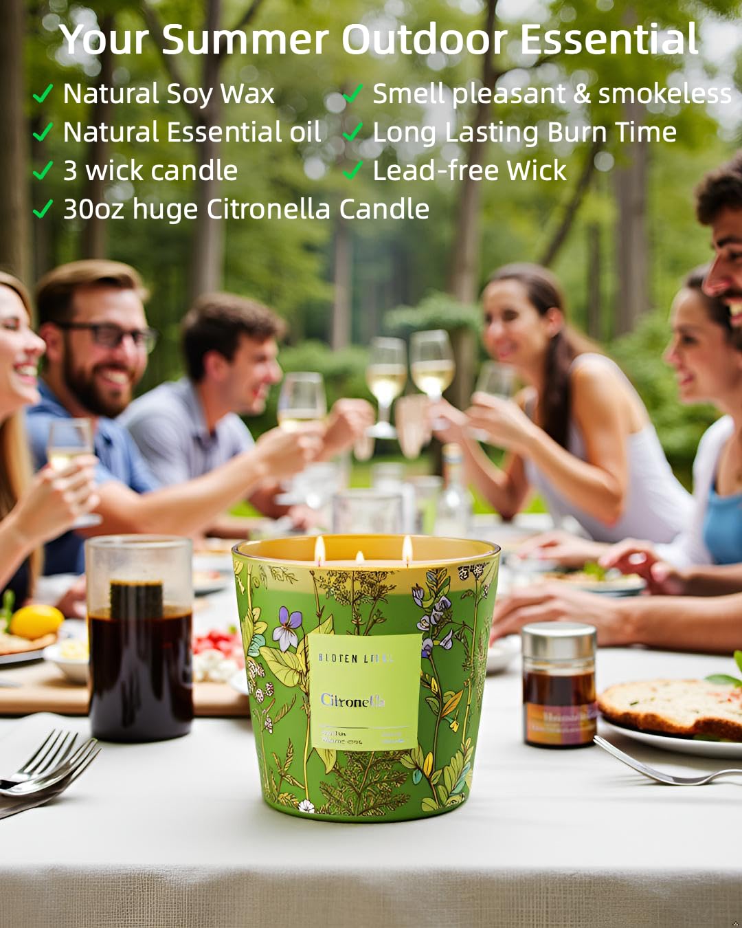 Hidden Label outdoor citronella candle deters insects during campouts.