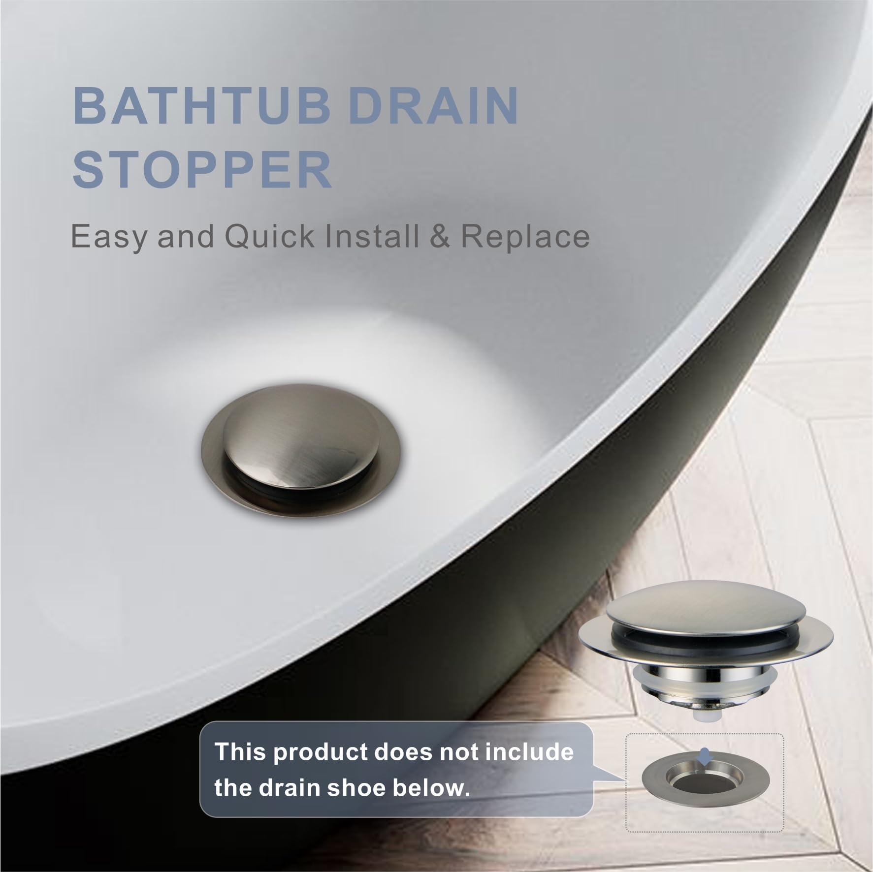 HIDROP brushed tub drain stopper installed in bathroom for fast, reliable drainage