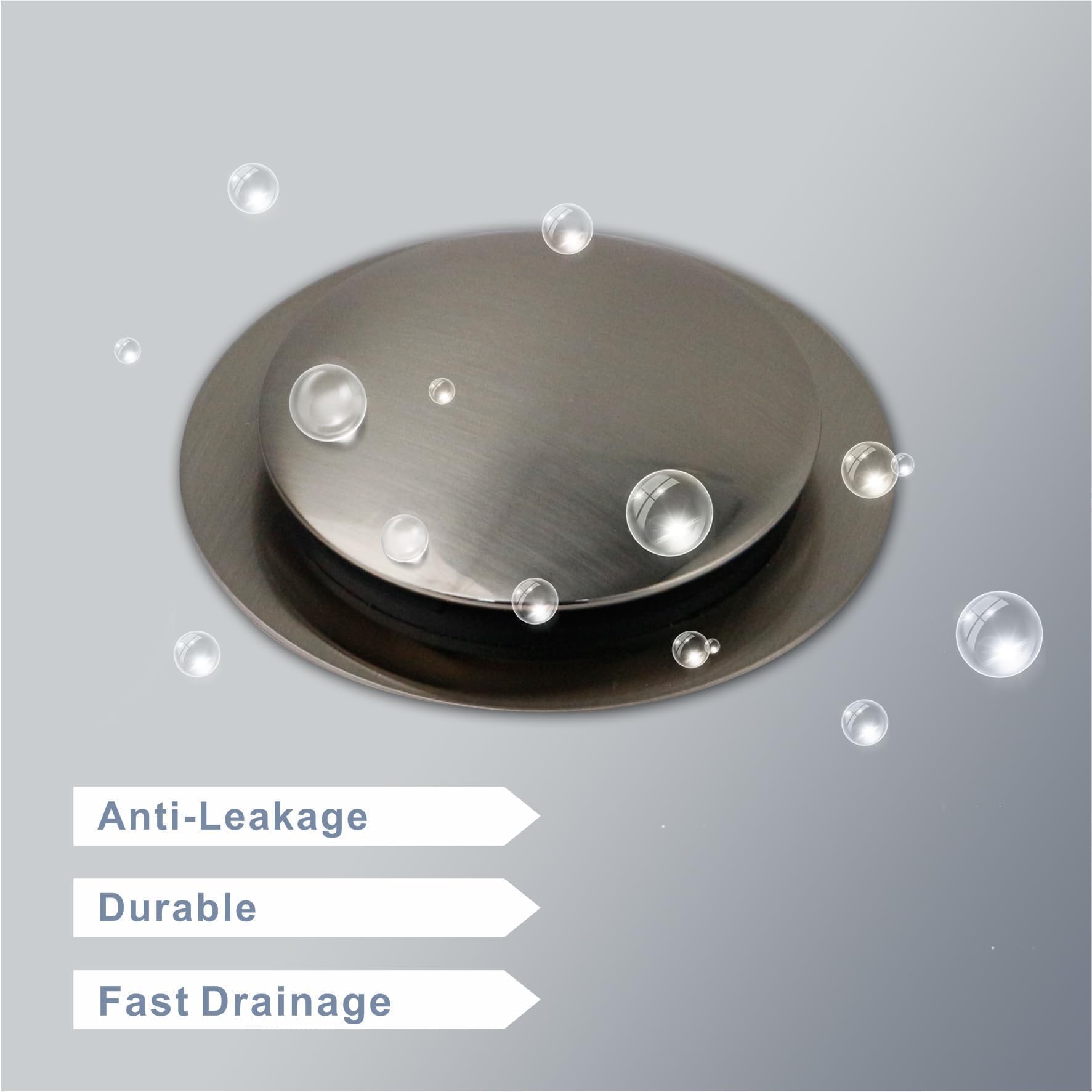 HIDROP brushed stopper close-up shows O-ring seal for versatile drain sizes