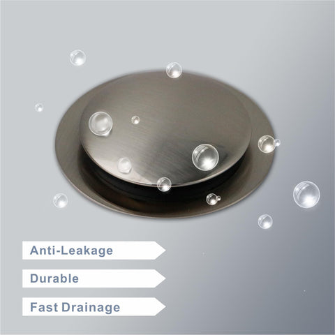HIDROP brushed stopper close-up shows O-ring seal for versatile drain sizes