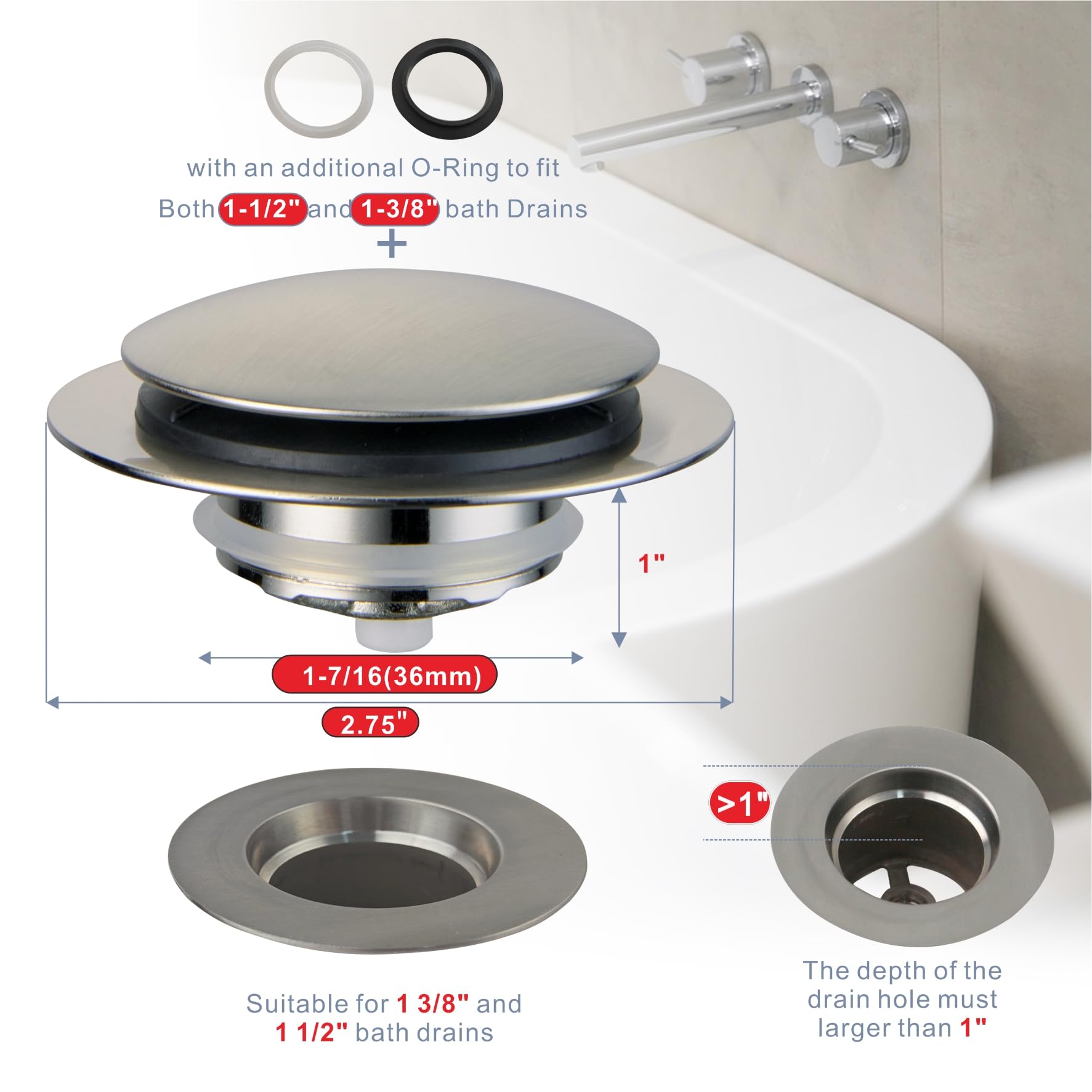 HIDROP brushed tub drain stopper side view highlighting ergonomic grip for easy use