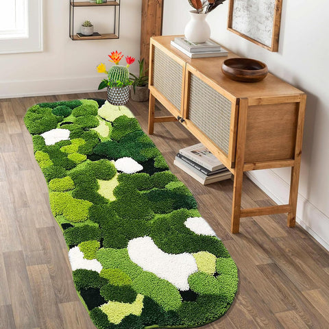 Hifuwan green moss rug, angle 02, 3D leaf design adds natural texture