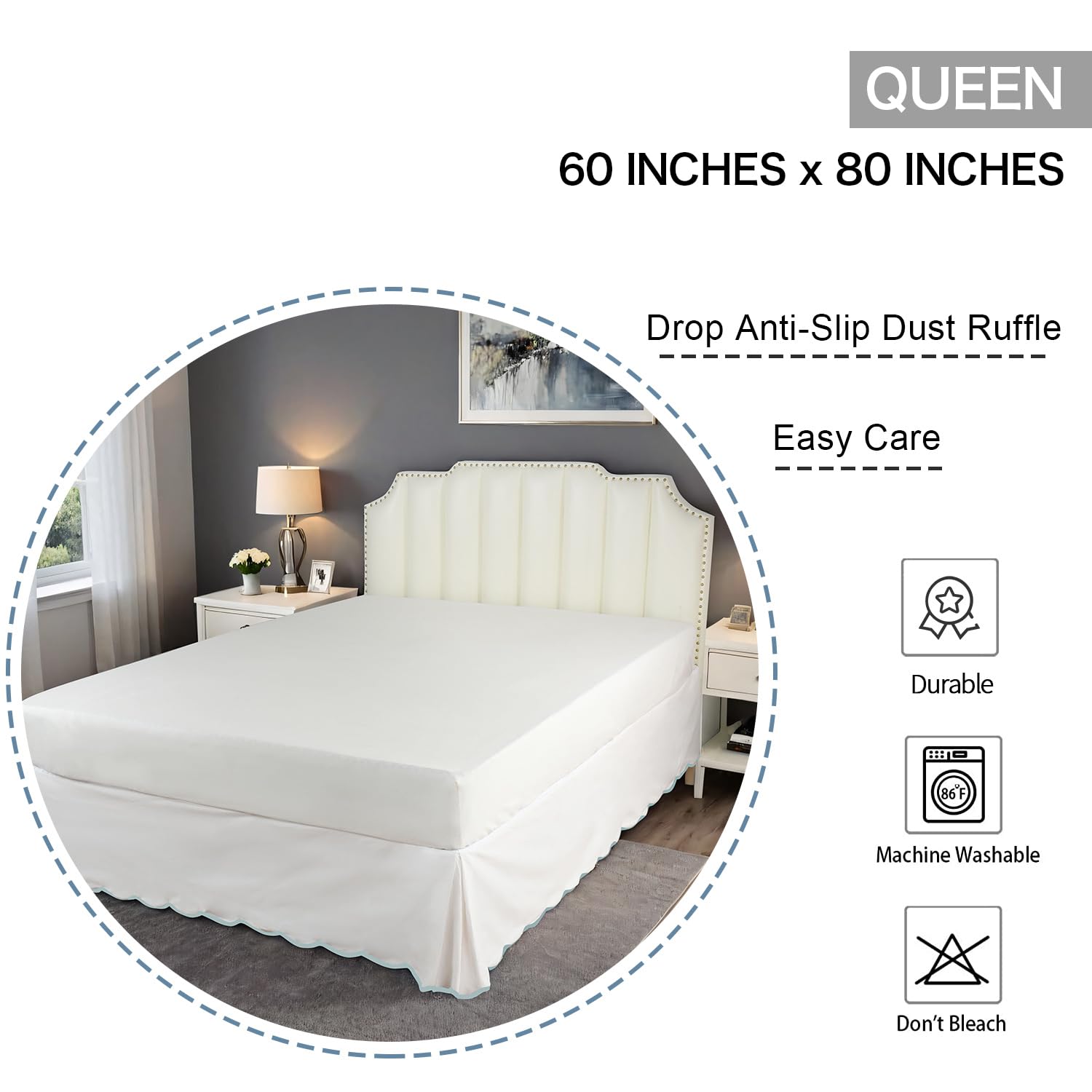 HIG bed skirt scallop edge detail for elegant look.