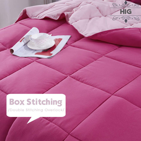 HIG box-stitched comforter close-up highlighting even fill and plush feel.