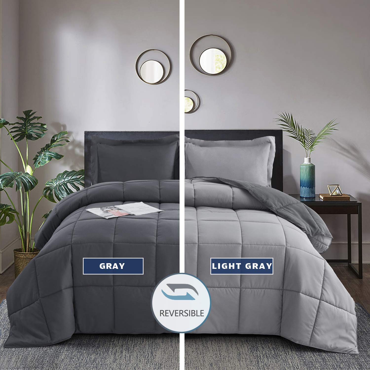 HIG complete bed styling with the gray reversible comforter.