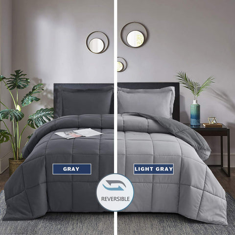 HIG complete bed styling with the gray reversible comforter.
