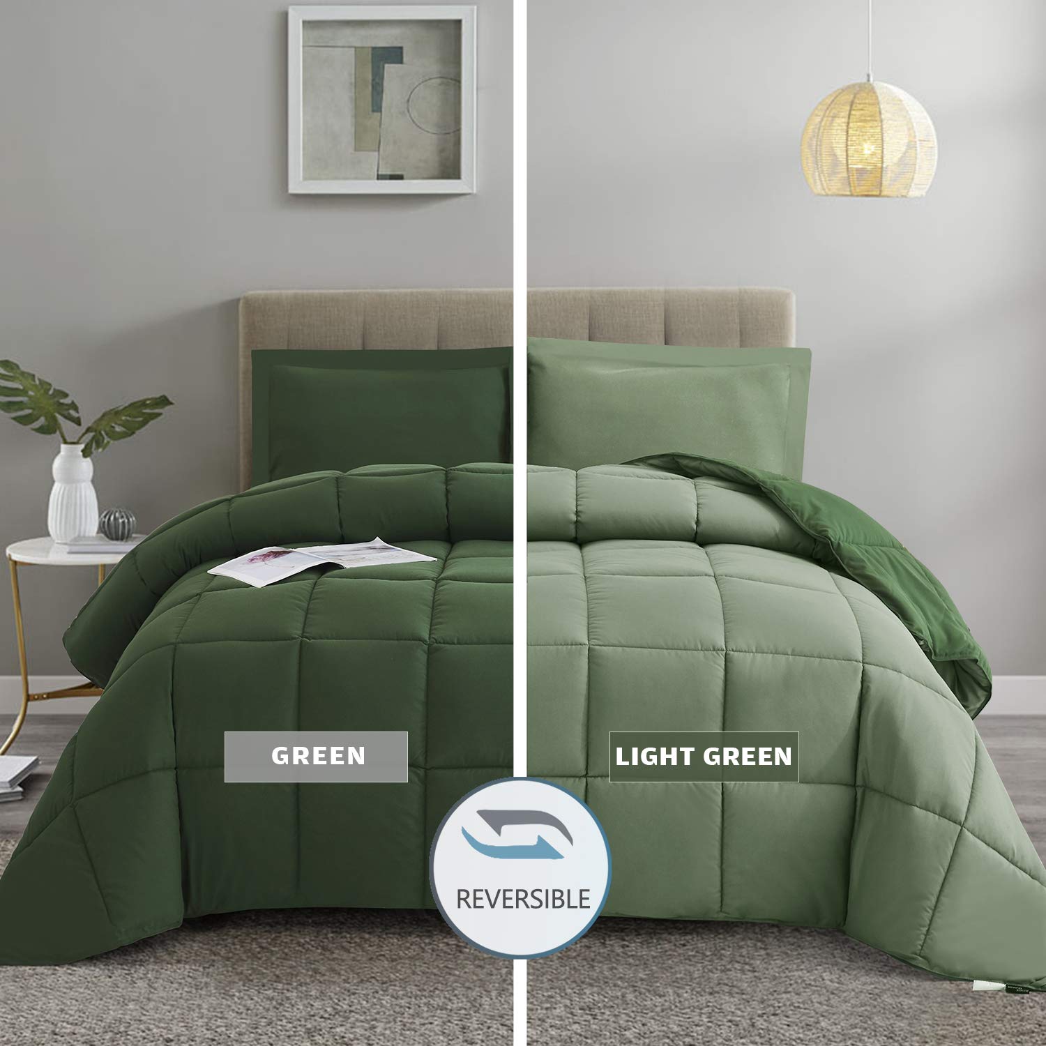 HIG green comforter full-size on bed demonstrates easy styling and room refresh.
