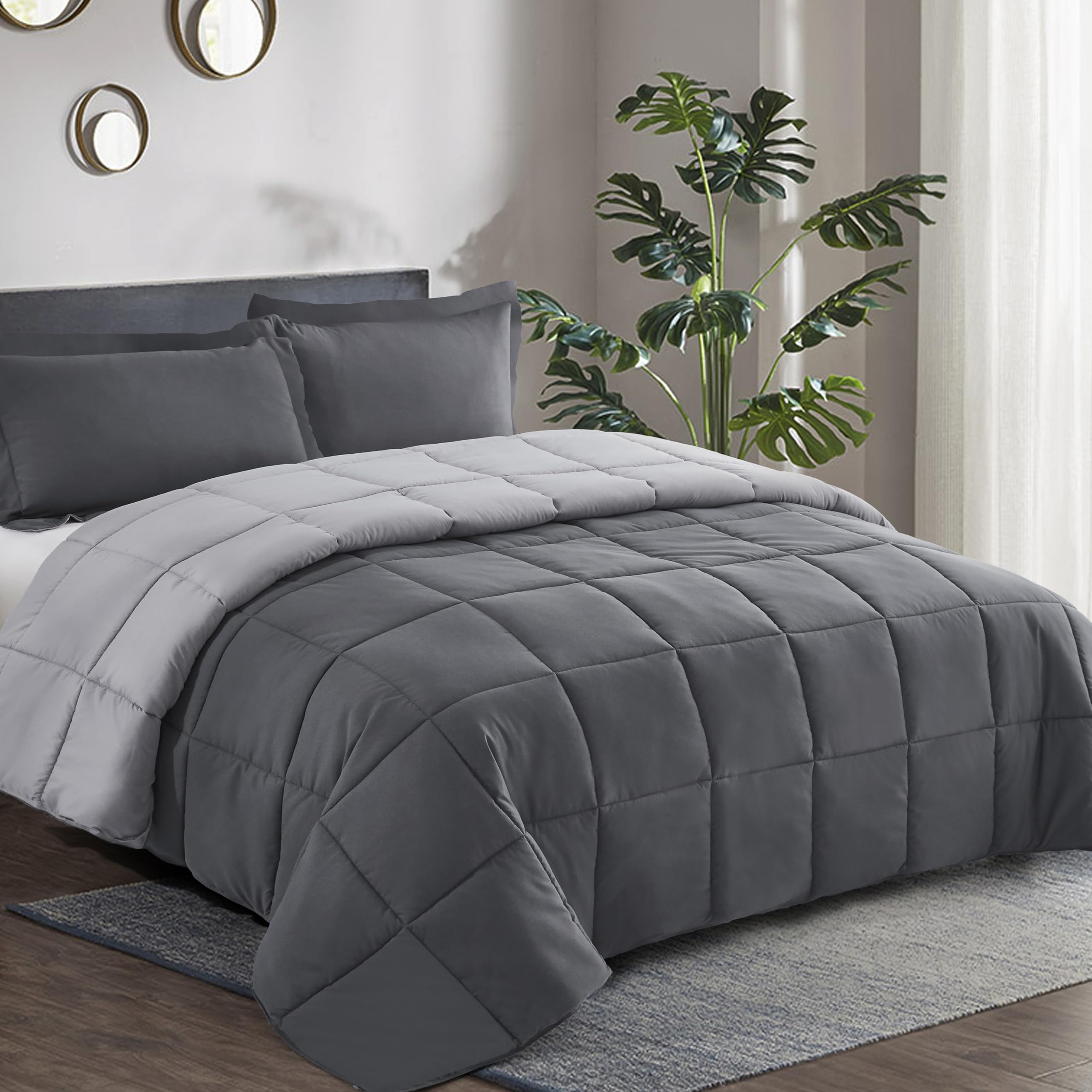 HIG grey queen comforter set with reversible two-tone design for versatile styling.