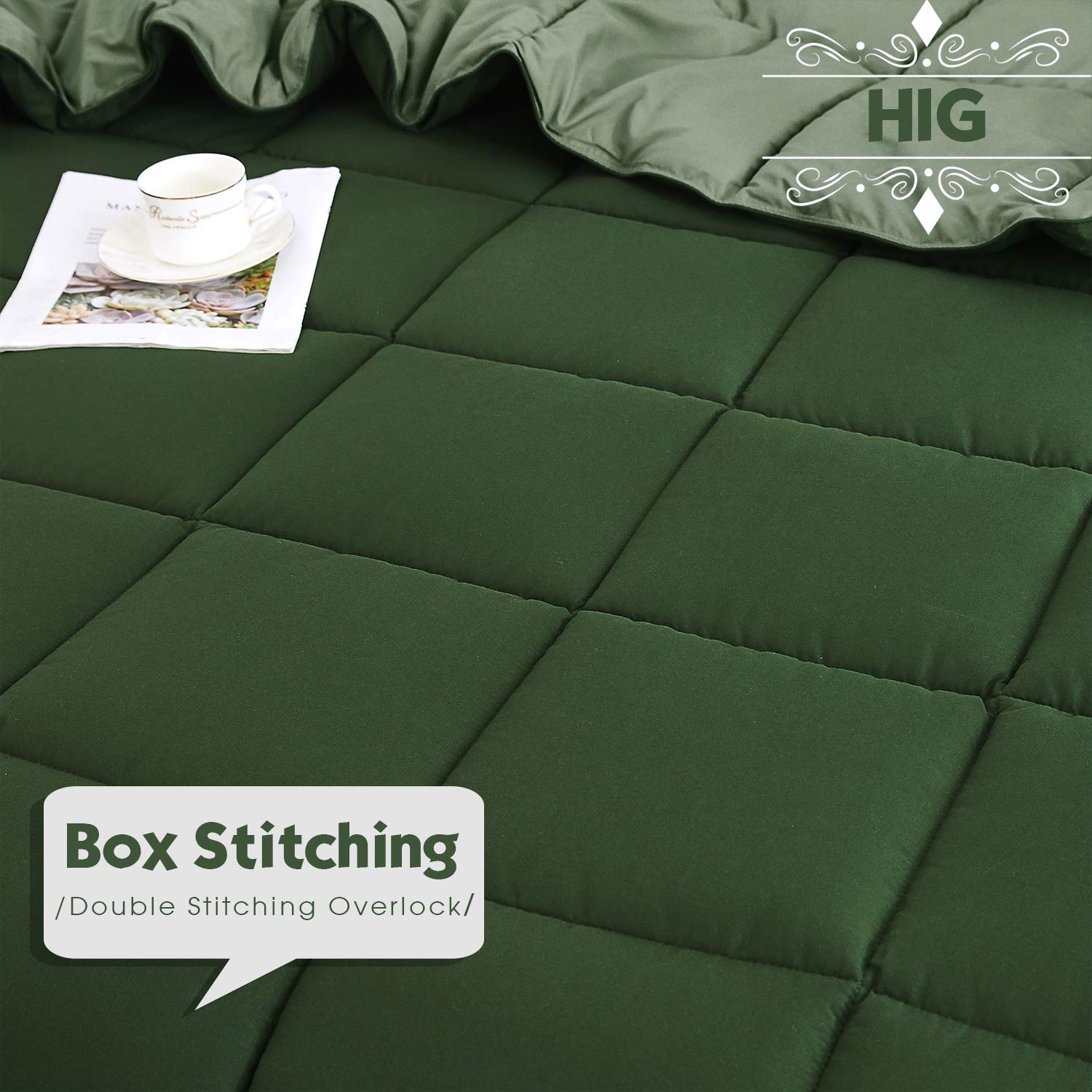 HIG King comforter on bed with two-tone green look.