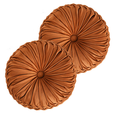 HIG round pleated pillow with center button adds elegant decor and comfort.