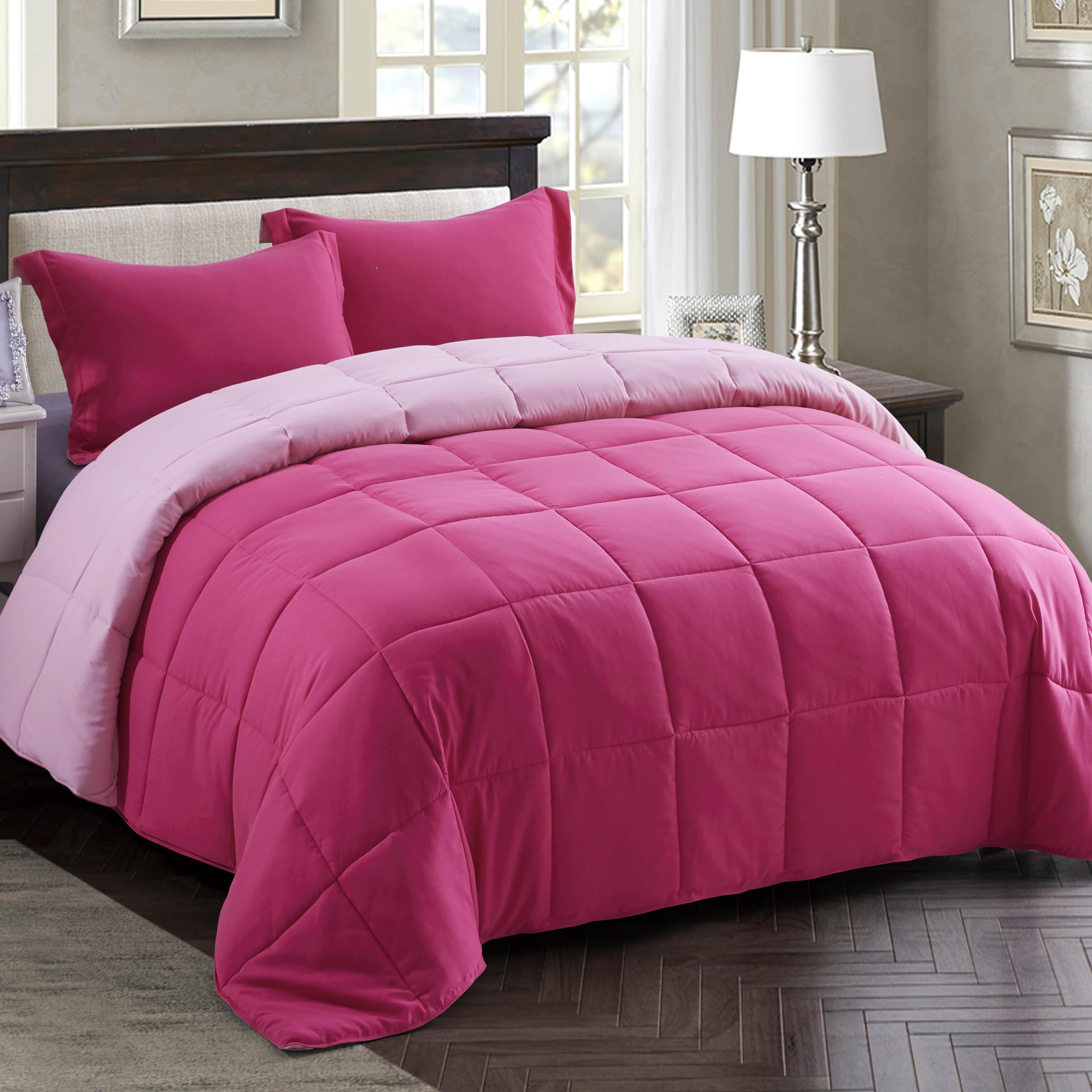 HIG pink comforter full-size set front view showing reversible two-tone design for mood updates.