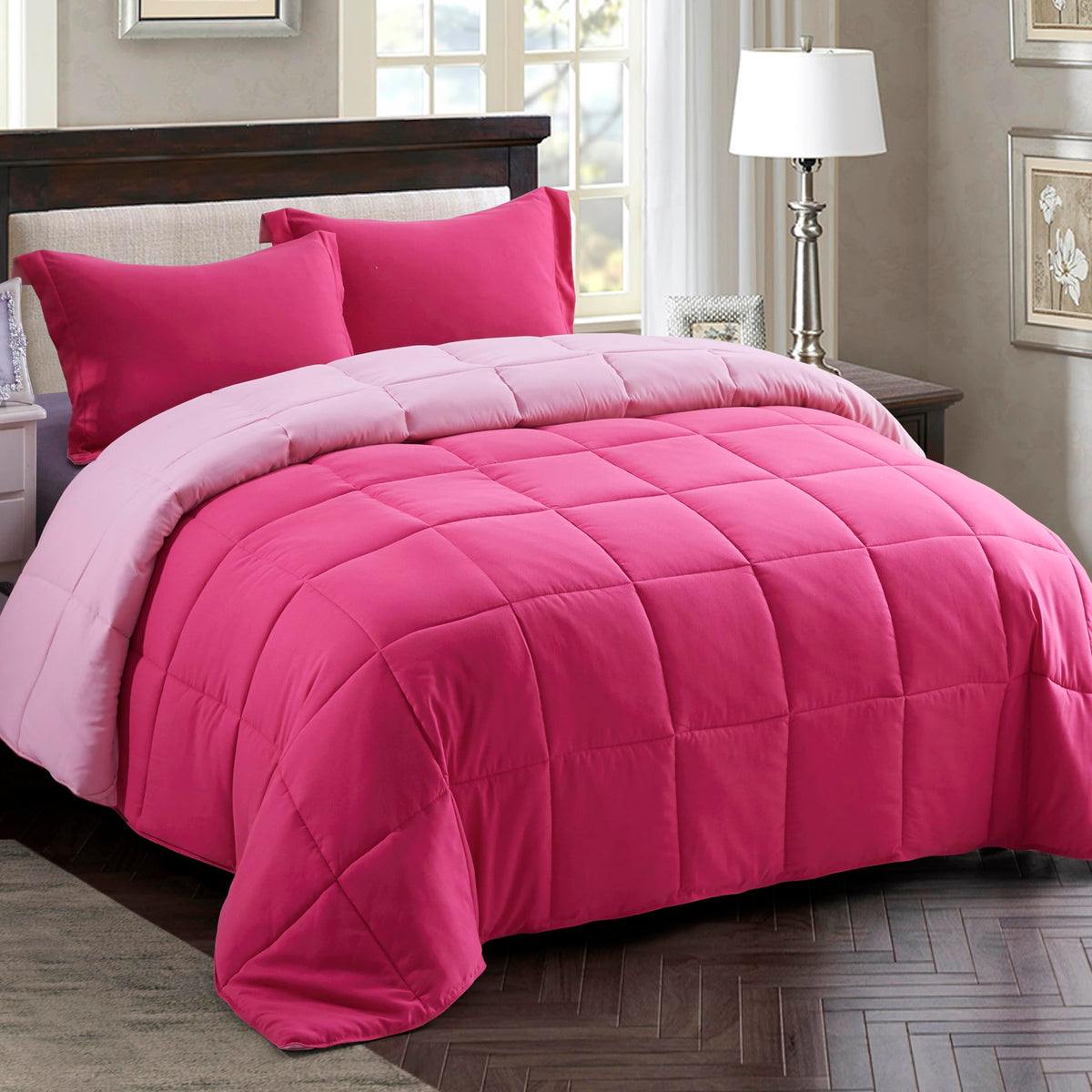 HIG pink comforter full-size set front view showing reversible two-tone design for mood updates.