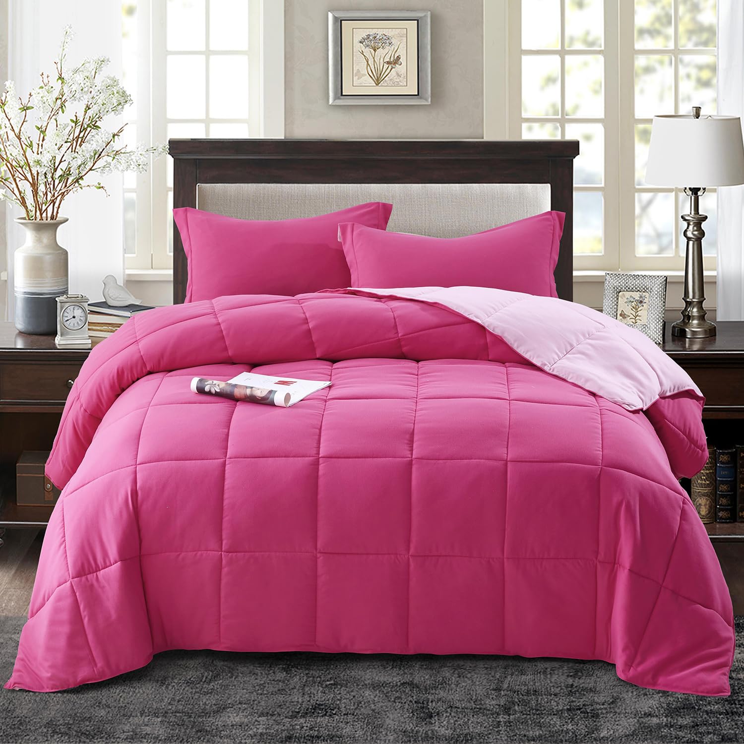 HIG pink comforter full-size set reverse side close-up with two-tone texture.